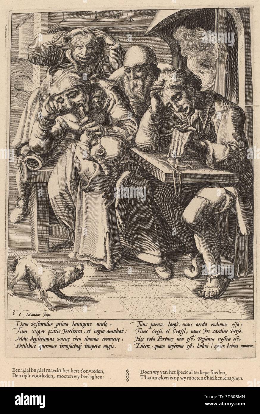 Questa stampa del laboratorio di Hendrick Goltzius, dopo Karel van Mander i, illustra una lezione morale sulla scarsità finanziaria. Le figure sono mostrate in contesti domestici che riflettono la frugalità, la prudenza economica e la vita quotidiana nell'arte allegorica nordeuropea del tardo XVI secolo. Foto Stock
