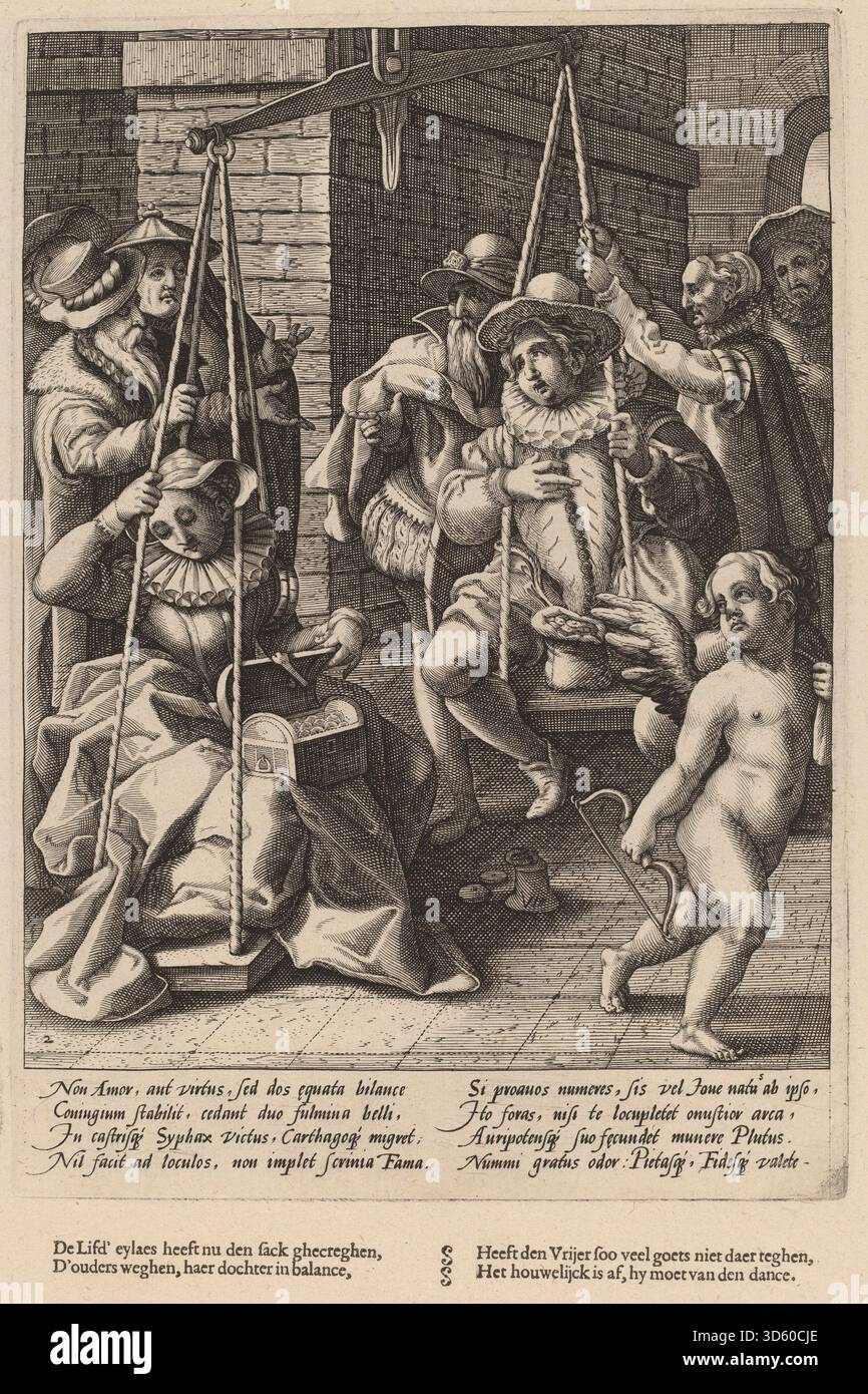 Questa stampa della bottega di Hendrick Goltzius, dopo Karel van Mander i, illustra una scena allegorica raffigurante l'equilibrio o il giudizio del matrimonio. Le figure interagiscono con oggetti simbolici, riflettendo le preoccupazioni morali, sociali e culturali dell'arte nordeuropea del tardo XVI secolo. Foto Stock