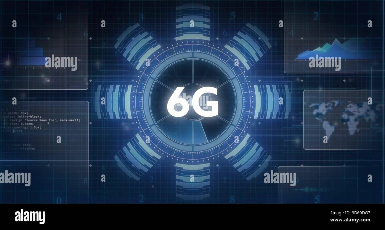 Visualizzazione dell'HUD circolare centrale che mostra il 6G nell'interfaccia utente di rete, anelli luminosi e pannelli mobili Foto Stock