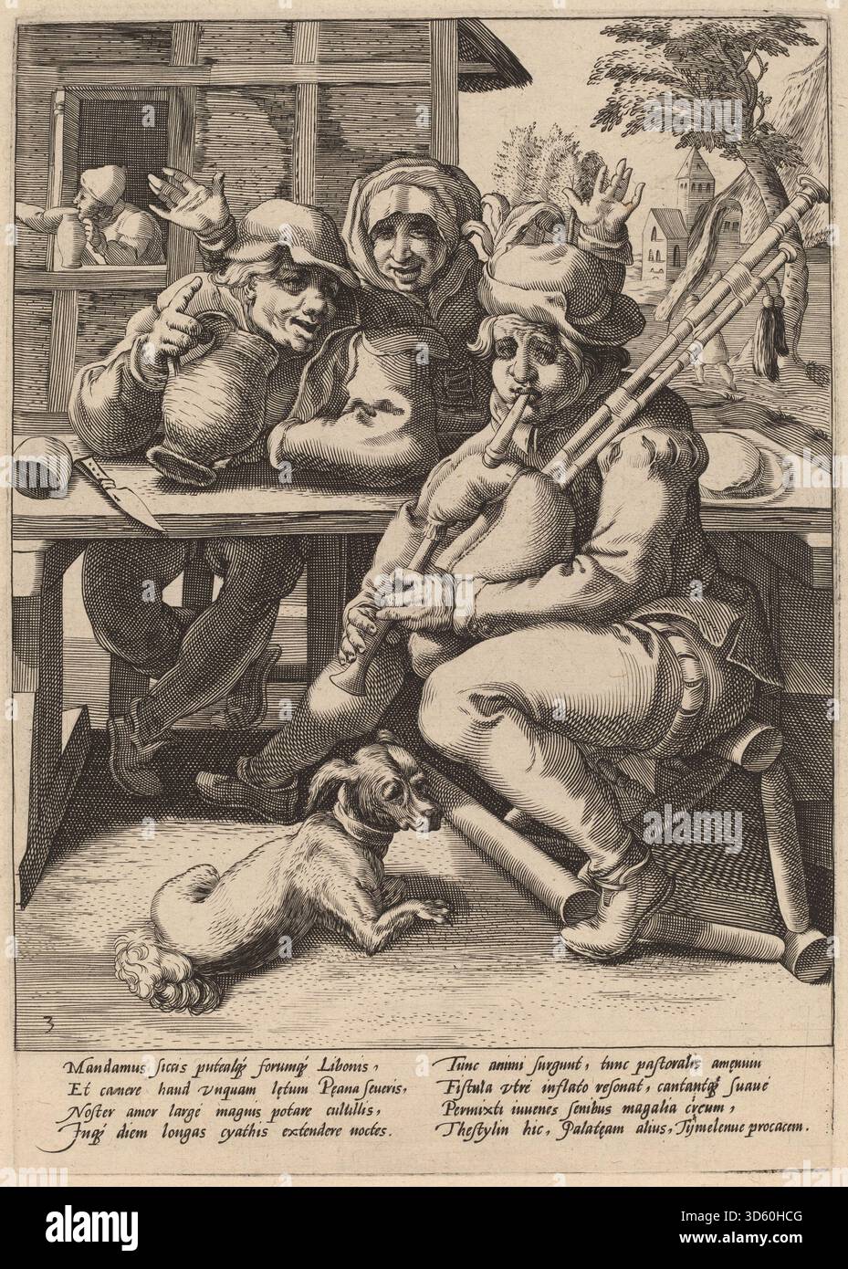 Questa incisione del laboratorio di Hendrick Goltzius dopo Karel van Mander i raffigura un'allegoria umoristica o morale che coinvolge una figura con una cornamusa. La composizione enfatizza l'azione simbolica, il gesto e il messaggio morale o sociale tipico delle stampe nordeuropee del tardo XVI secolo. Foto Stock