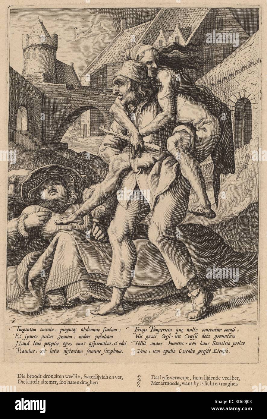 Questa stampa del laboratorio di Hendrick Goltzius, dopo Karel van Mander i, trasmette una lezione morale contro la povertà e il lusso. Esso raffigura figure impegnate nella vita quotidiana, mostrando le virtù della semplicità, della moderazione e della riflessione morale nell'arte allegorica nordeuropea del tardo XVI secolo. Foto Stock