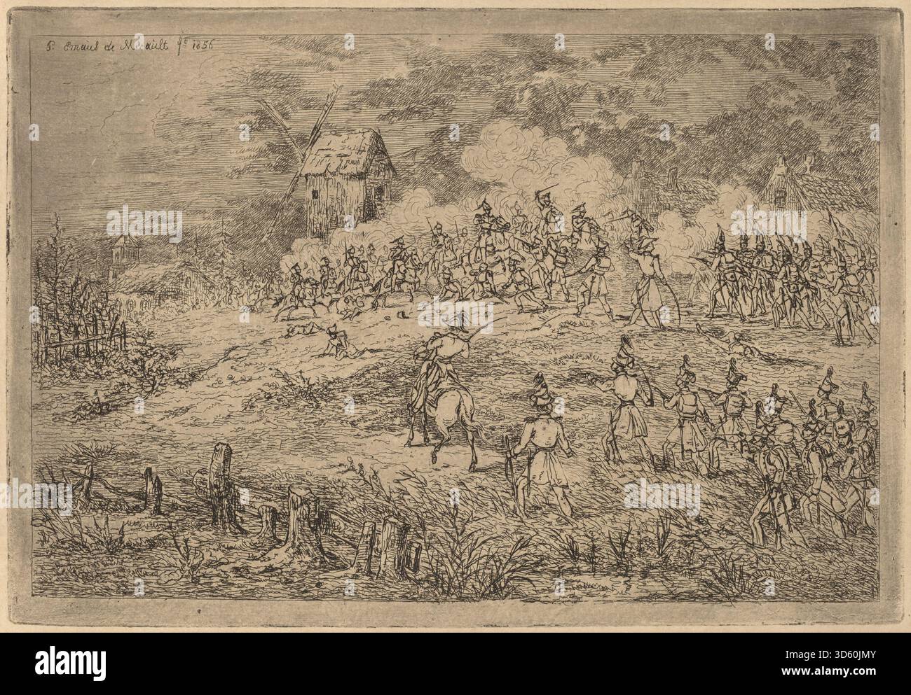 Questo dipinto del 1856 di Gerhardus Emaus de Micault raffigura una carica di cavalleria contro la fanteria, catturando il movimento dinamico di cavalli, soldati e armi. La composizione riflette le tattiche militari della metà del XIX secolo e la strategia sul campo di battaglia. Foto Stock