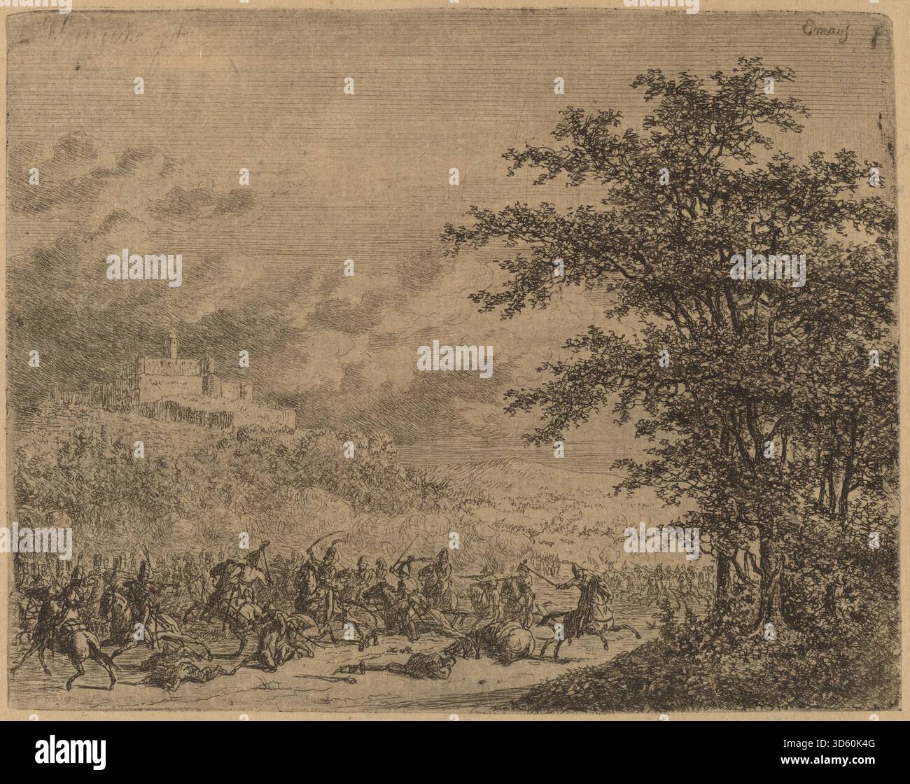 Il lato recto della rappresentazione della relazione di Gerhardus Emaus de Micault vicino a Konigstein illustra la stessa scena militare con enfasi sulle formazioni di truppe, sul terreno e sulle azioni individuali. L'opera presenta uniformi storiche e le dinamiche della strategia dei campi di battaglia dei primi anni del XIX secolo. Foto Stock