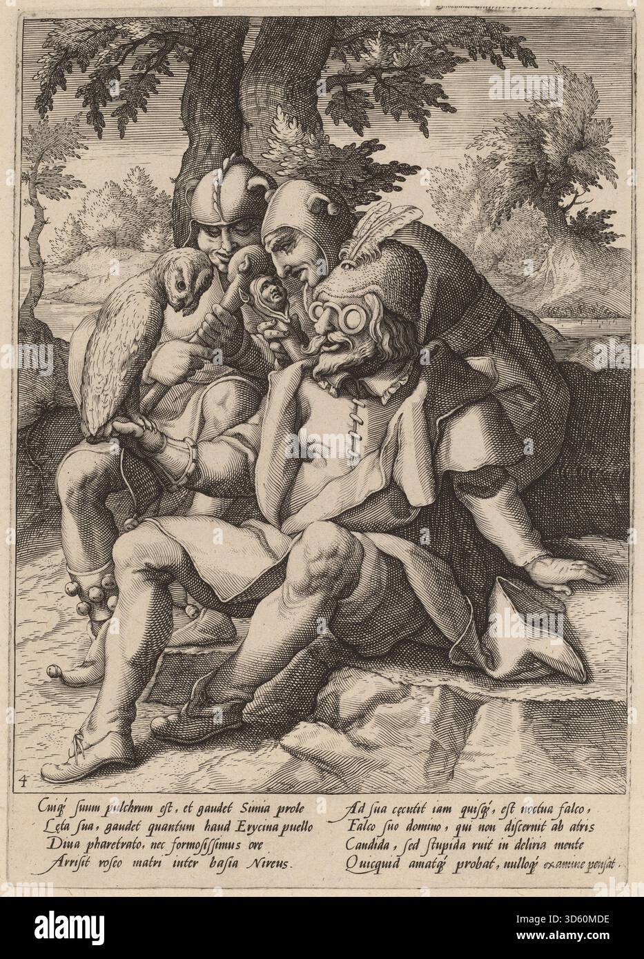 Questa incisione del laboratorio di Hendrick Goltzius, dopo Karel van Mander i, ritrae il concetto allegorico di stupida saggezza. Le figure si impegnano in azioni paradossali o ironiche per illustrare lezioni morali o filosofiche, caratteristiche delle stampe nordeuropee del tardo XVI secolo. Foto Stock