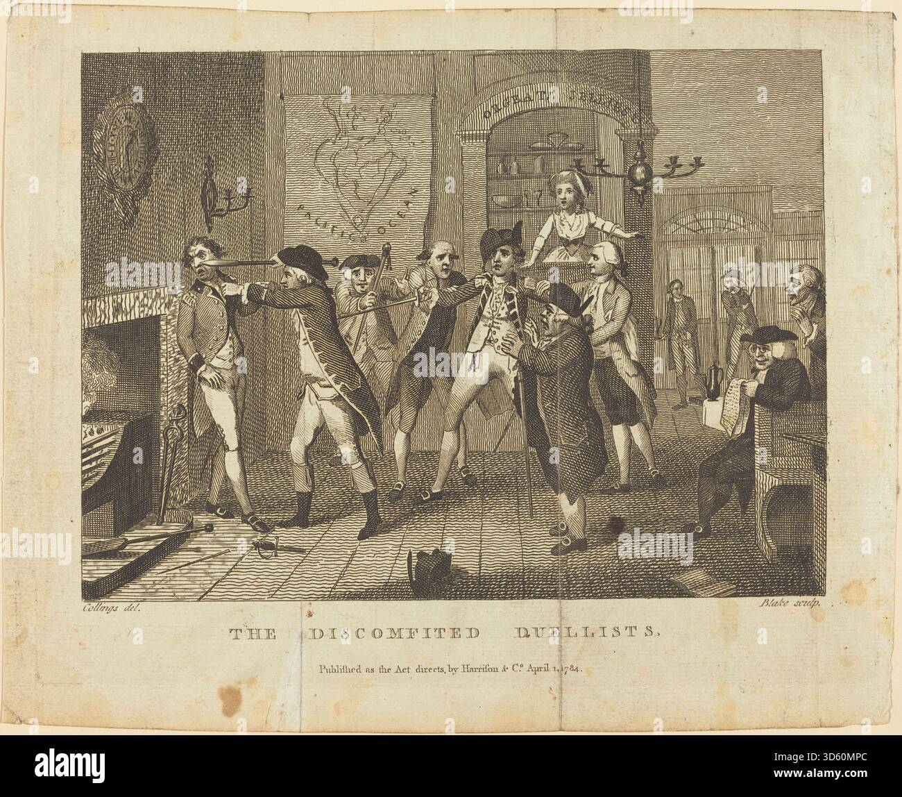 Pittura che mostra due uomini impegnati in un duello con le spade, con gli astanti che osservano, enfatizzando tensione, gesti e abiti d'epoca tipici delle scene duellanti della fine del XVIII secolo. Foto Stock