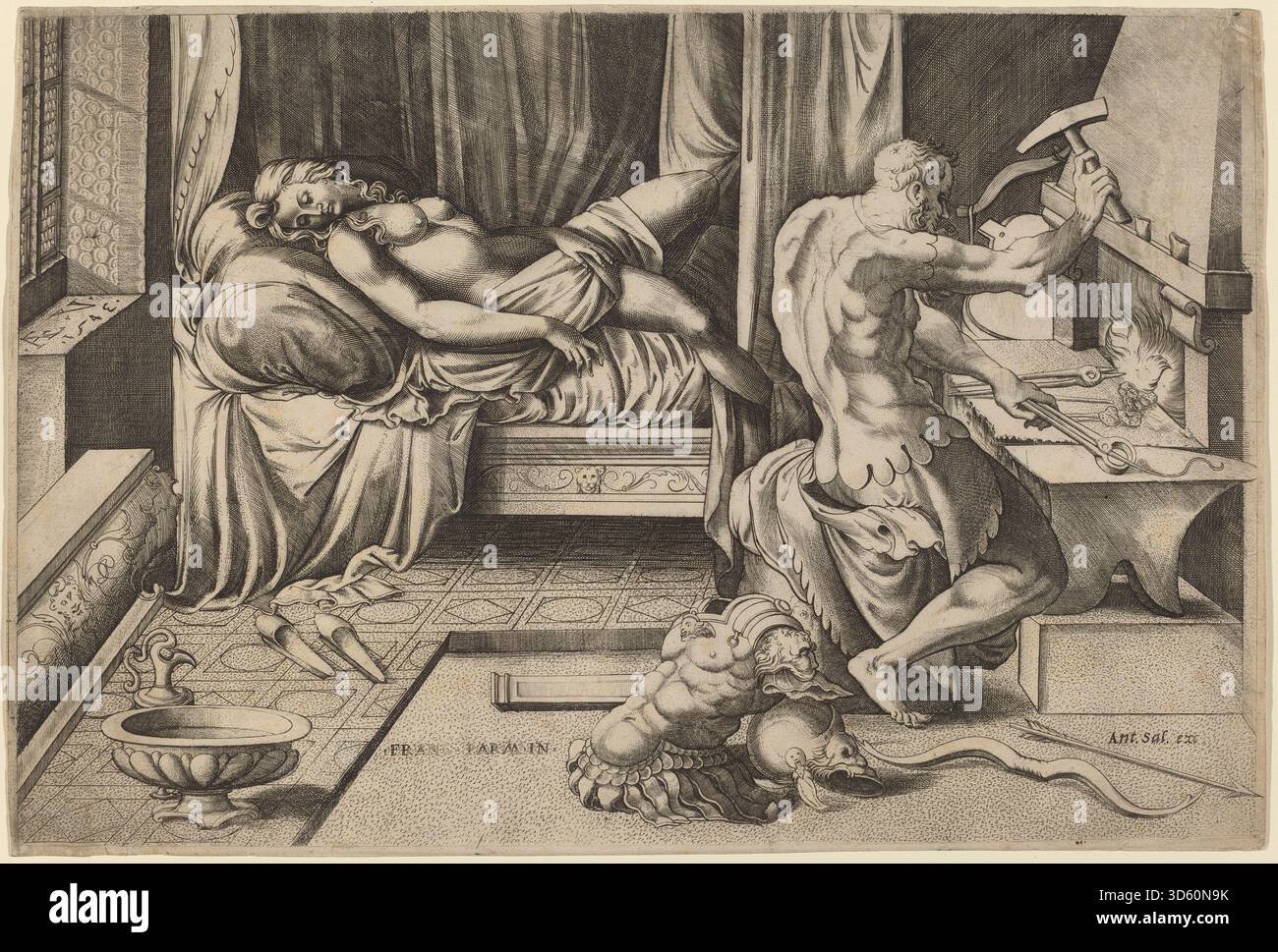 Incisione di Enea Vico dopo Parmigianino, 1543, raffigurante Venere reclinata con Vulcano nella sua fucina, mostrando dettagliate figure mitologiche, strumenti di laboratorio e composizione artistica rinascimentale. Foto Stock