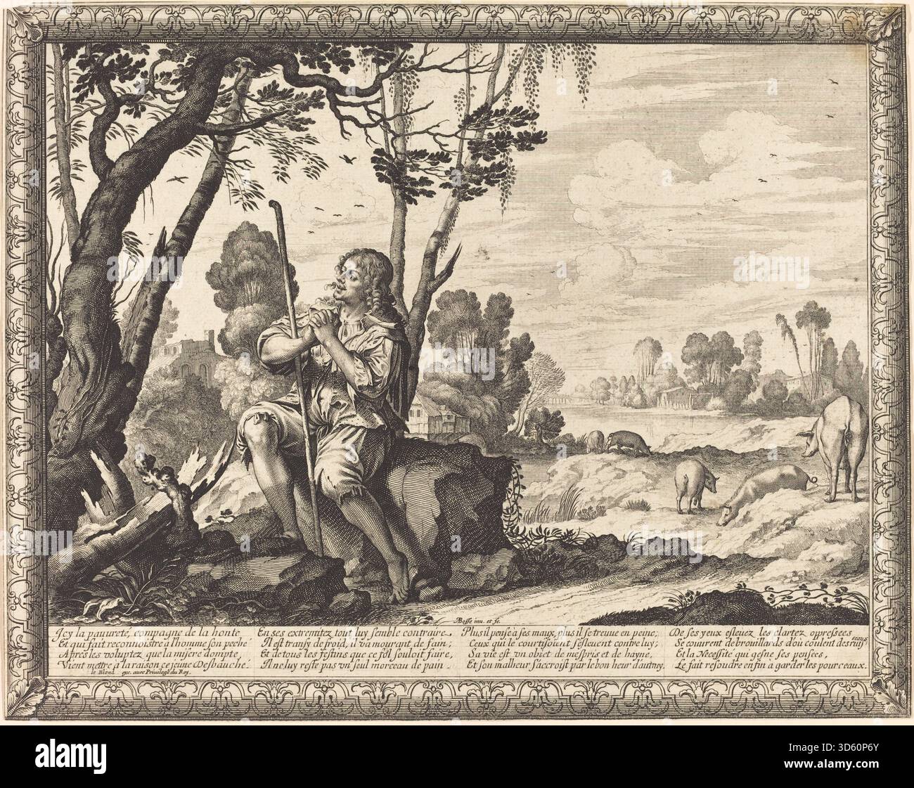 Il dipinto di Abraham Bosse mostra il figlio prodigo che lavora come un branco di cervi, raffigurando povertà, lavoro e pentimento. La composizione include animali, ambientazione rustica e figura in abiti umili, che illustrano la parabola biblica. Foto Stock