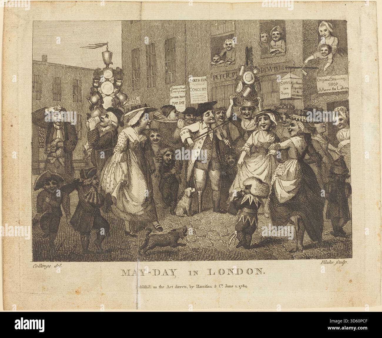 Rappresentazione delle celebrazioni del giorno di maggio a Londra 1784, mostrando folla, abbigliamento festivo, ballerini, musicisti, strade decorate e architettura urbana, che riflettono le festività pubbliche del periodo. Foto Stock