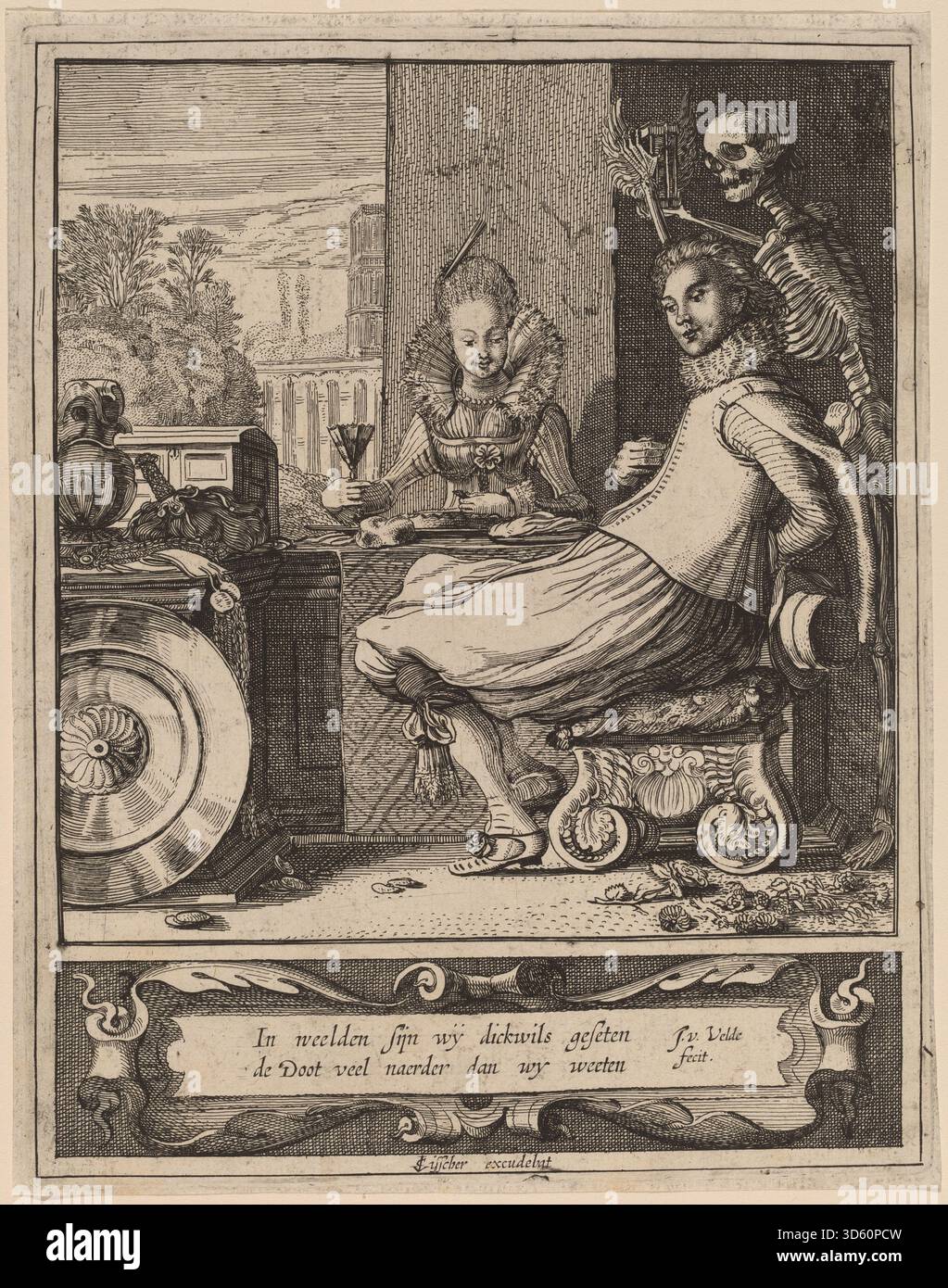 Un'incisione di Jan van de Velde II raffigurante una drammatica scena allegorica della morte che si avvicina inaspettatamente a una coppia, illustrando temi di mortalità, vulnerabilità umana e stile artistico olandese del XVII secolo. Foto Stock