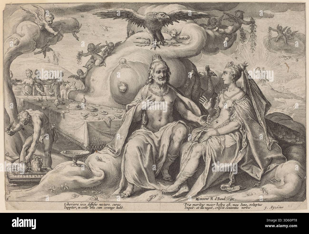 Un'incisione che mostra la disputa mitologica tra Giove e Giunone, creata intorno al 1615 dal laboratorio di Hendrick Goltzius, illustrando figure divine in una composizione classica con tecniche di incisione rinascimentali. Foto Stock