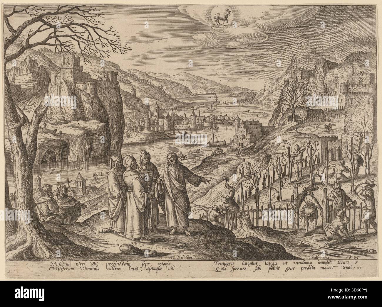 Un'incisione del 1585 di Adriaen Collaert su Hans Bol raffigurante la parabola degli Husbandmen malvagi. L'illustrazione include Cristo, vigneto, servi, proprietari terrieri ed elementi narrativi della storia biblica. Foto Stock
