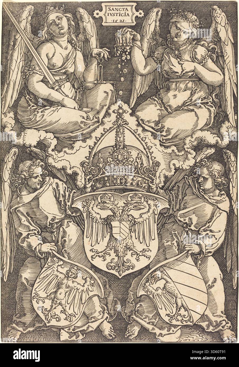 "Stemma dell'Impero tedesco e della città di Norimberga" di Albrecht Dürer, 1521, raffigura simboli araldici combinati dell'impero e della città, enfatizzando il disegno dello scudo, gli animali emblematici, l'ornamento, la linea, composizione e stile incisione del Rinascimento settentrionale. Foto Stock