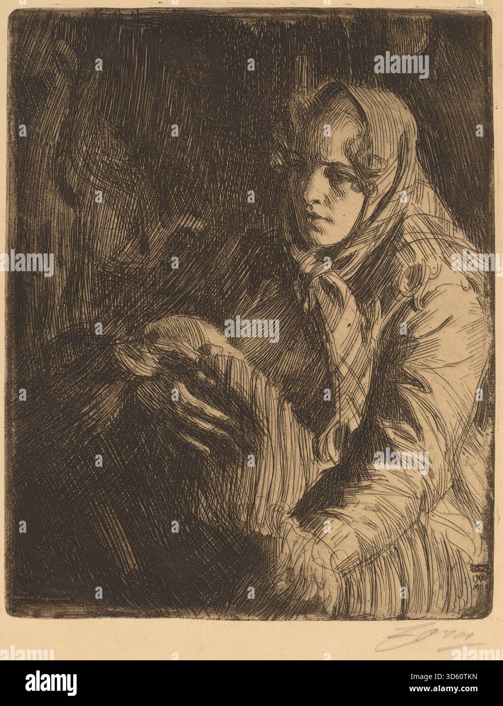 Dipinto di Anders Zorn del 1900 raffigurante la Madonna, raffigurante la Vergine Maria, tendaggi, espressione facciale e iconografia religiosa dettagliata. Foto Stock