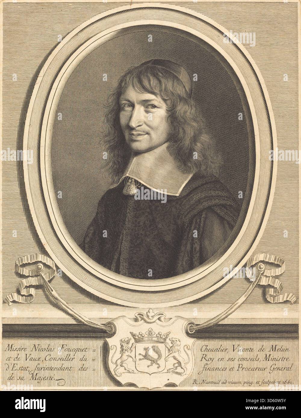 Questo ritratto inciso del 1661 di Robert Nanteuil raffigura Nicolas Fouquet, che mostra dettagli del viso, capelli, abbigliamento e raffinata tecnica di incisione. Illustra la ritrattistica e l'artigianato francese del XVII secolo. Foto Stock
