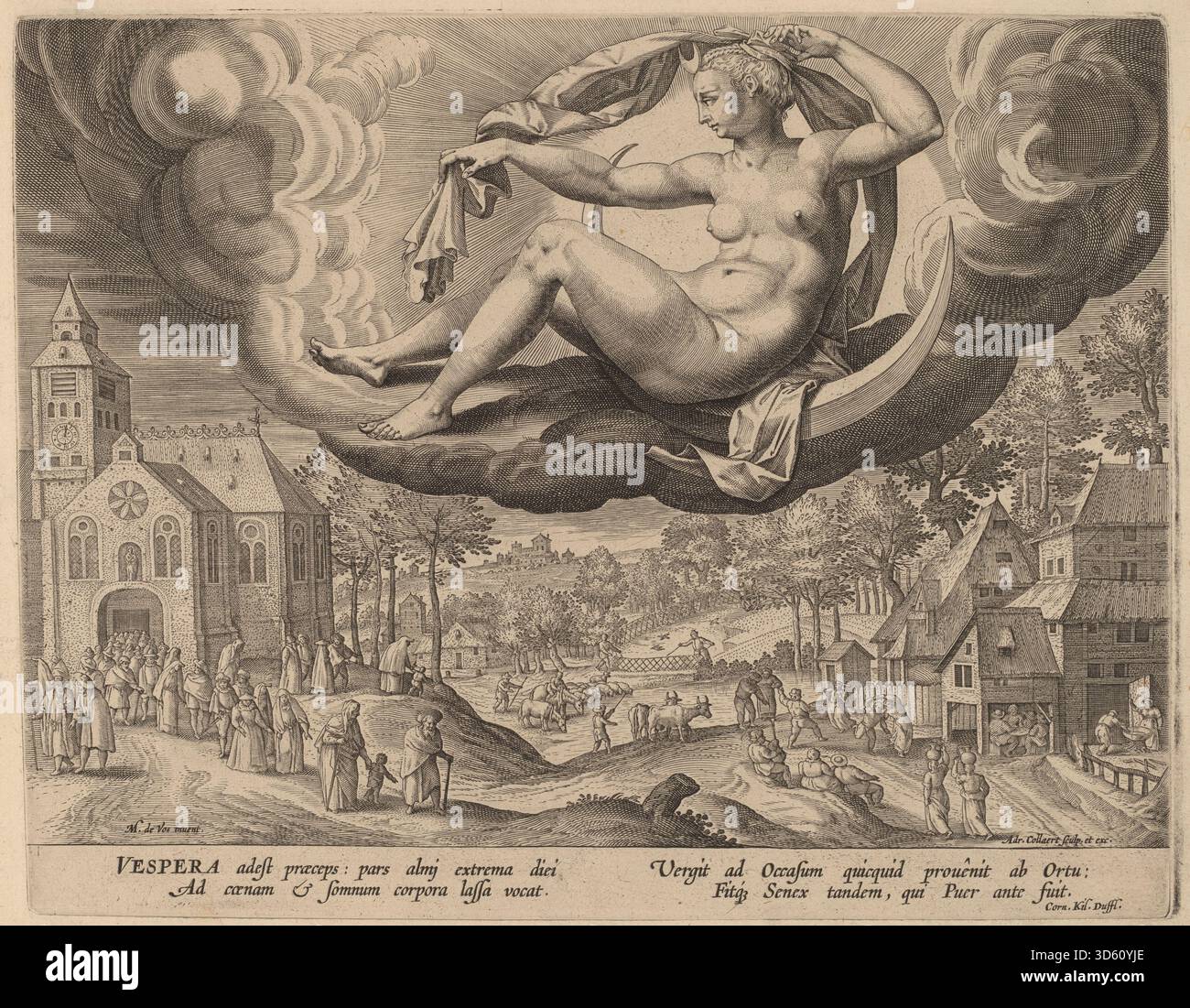 Un'incisione di Adriaen Collaert dopo Maarten de Vos che raffigura un paesaggio serale. L'opera evidenzia cielo, luce, alberi e terreno che riflettono le qualità atmosferiche del crepuscolo. Foto Stock