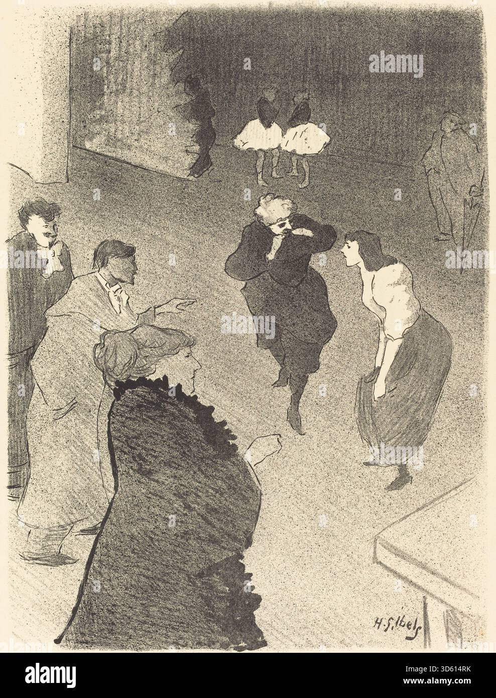 Questa litografia del 1893 di Henri Gabriel Ibels raffigura gli interpreti Emilienne d'Alfonso e Mariquita, mostrando costumi dettagliati, gesti espressivi e interazione in una scena teatrale tipica della Belle Époque francese. Foto Stock