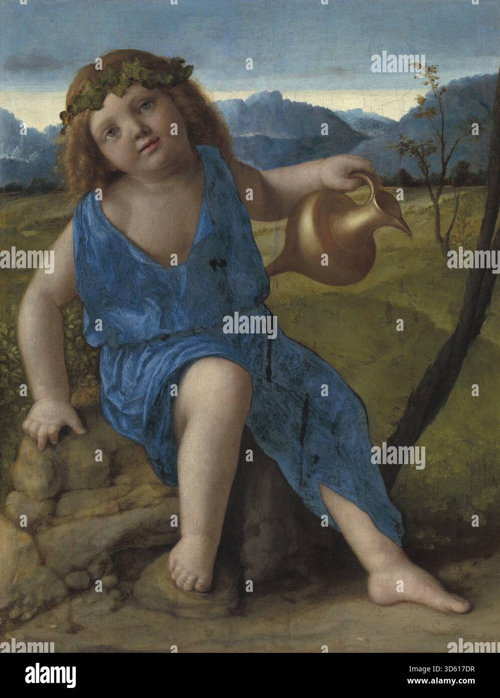 Dipinto del Bacco infantile di Giovanni Bellini, probabilmente 1505-1510, che mostra il bambino mitologico con posa espressiva, tratti delicati, elementi simbolici e composizione rinascimentale in stile veneziano. Foto Stock