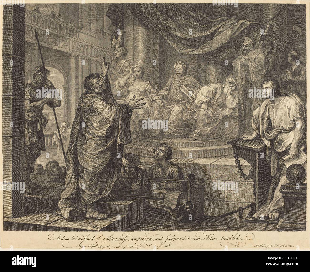 Incisione di William Hogarth del 1752 raffigurante la scena biblica di Paolo davanti a Felix, mostrando figure, gesti, espressioni e l'interno di un'aula di tribunale. Foto Stock