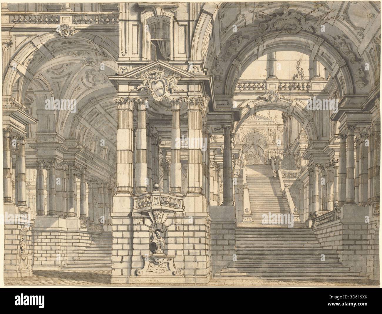 Un progetto scenico di Pietro Gonzaga dei primi anni '1770 raffigurante cortili e logge con una scala monumentale. Il lavoro enfatizza la fantasia architettonica, la prospettiva, la disposizione spaziale, i motivi decorativi e la struttura compositiva. Foto Stock