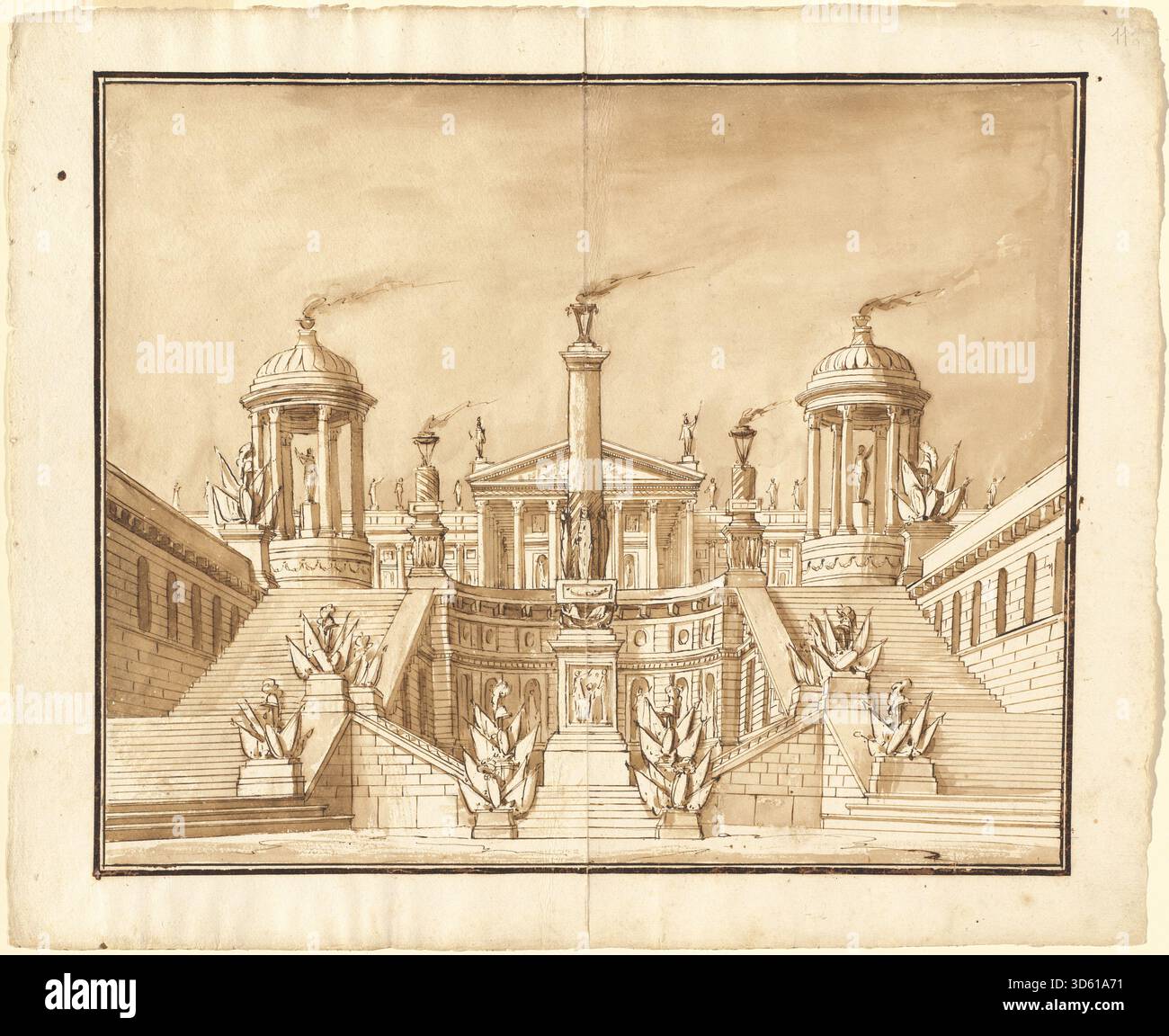 Un palcoscenico disegnato da Pietro Gonzaga intorno al 1800 raffigurante un antico campidoglio con trofei e grandi scalinate. L'opera sottolinea la fantasia architettonica, i motivi classici, la prospettiva, la composizione spaziale, i dettagli ornamentali, e disposizione visiva. Foto Stock