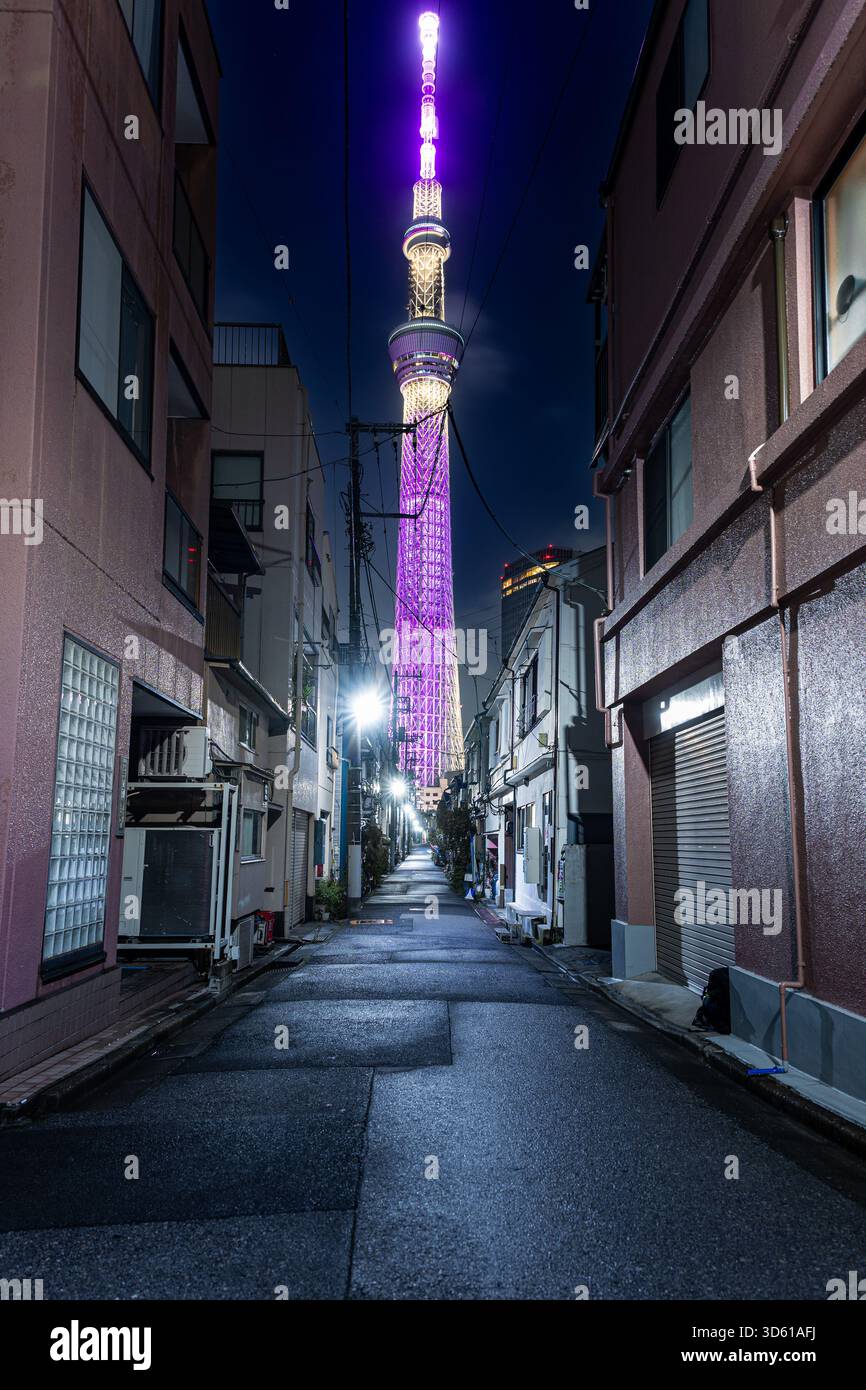 La Tokyo Skytree, illuminata e luminosa, brilla di una vibrante luce viola contro il cielo notturno, incorniciata da edifici circostanti Foto Stock