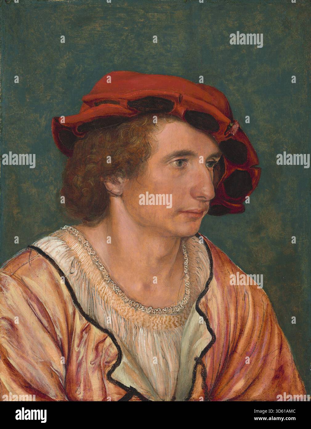 Ritratto attribuito di un giovane, circa 1520-1530, che mostra il volto, l'abbigliamento e la postura dettagliati, e elementi stilistici del Rinascimento settentrionale, attribuiti a Hans Holbein il giovane. Foto Stock
