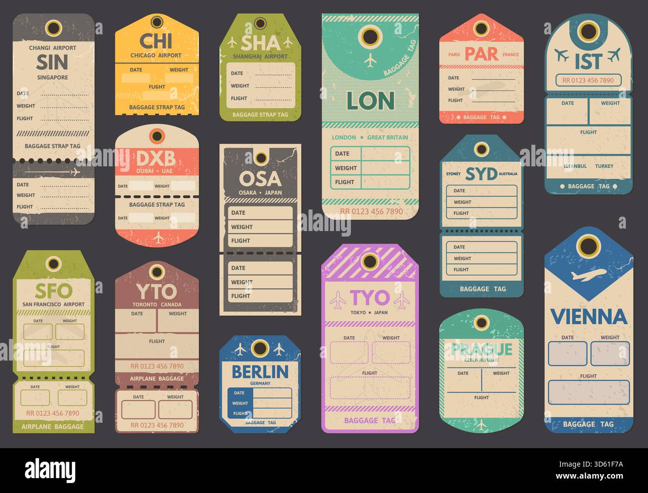Etichette retro per i bagagli da viaggio, etichette per il paese dell'aeroporto. Retro viaggio, registro di volo bagaglio vienna e singapore etichette vettore illustrazione set. Vintage Illustrazione Vettoriale