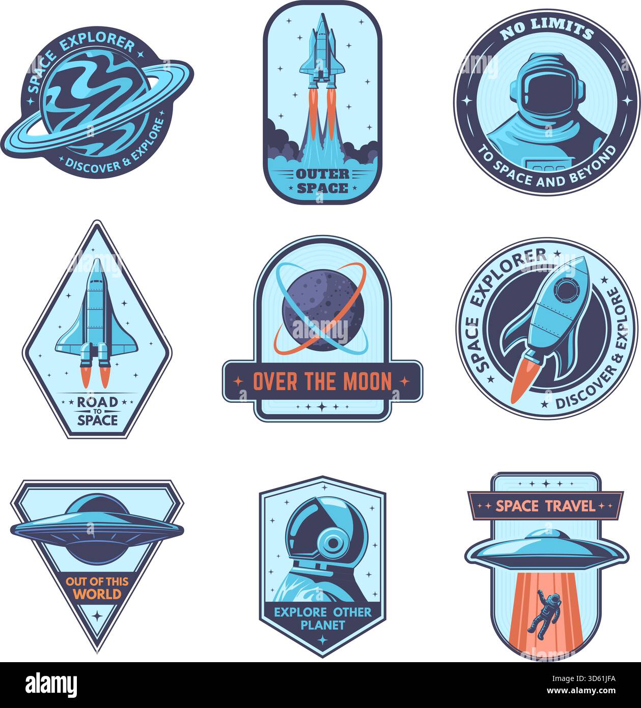 Distintivi spaziali. Esplora altri pianeti, badge di viaggio nello spazio e set di simboli vettoriali sull'emblema della luna. Lancio di un razzo per l'esplorazione spaziale, il cosmo Illustrazione Vettoriale