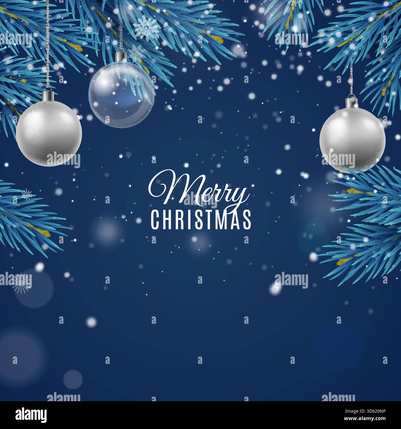 Cartolina di Natale. Modello di design quadrato per poster. Sfondo dei rami di conifere blu. Decorazioni con giocattoli in vetro argentato. Buone feste e felice anno nuovo Illustrazione Vettoriale