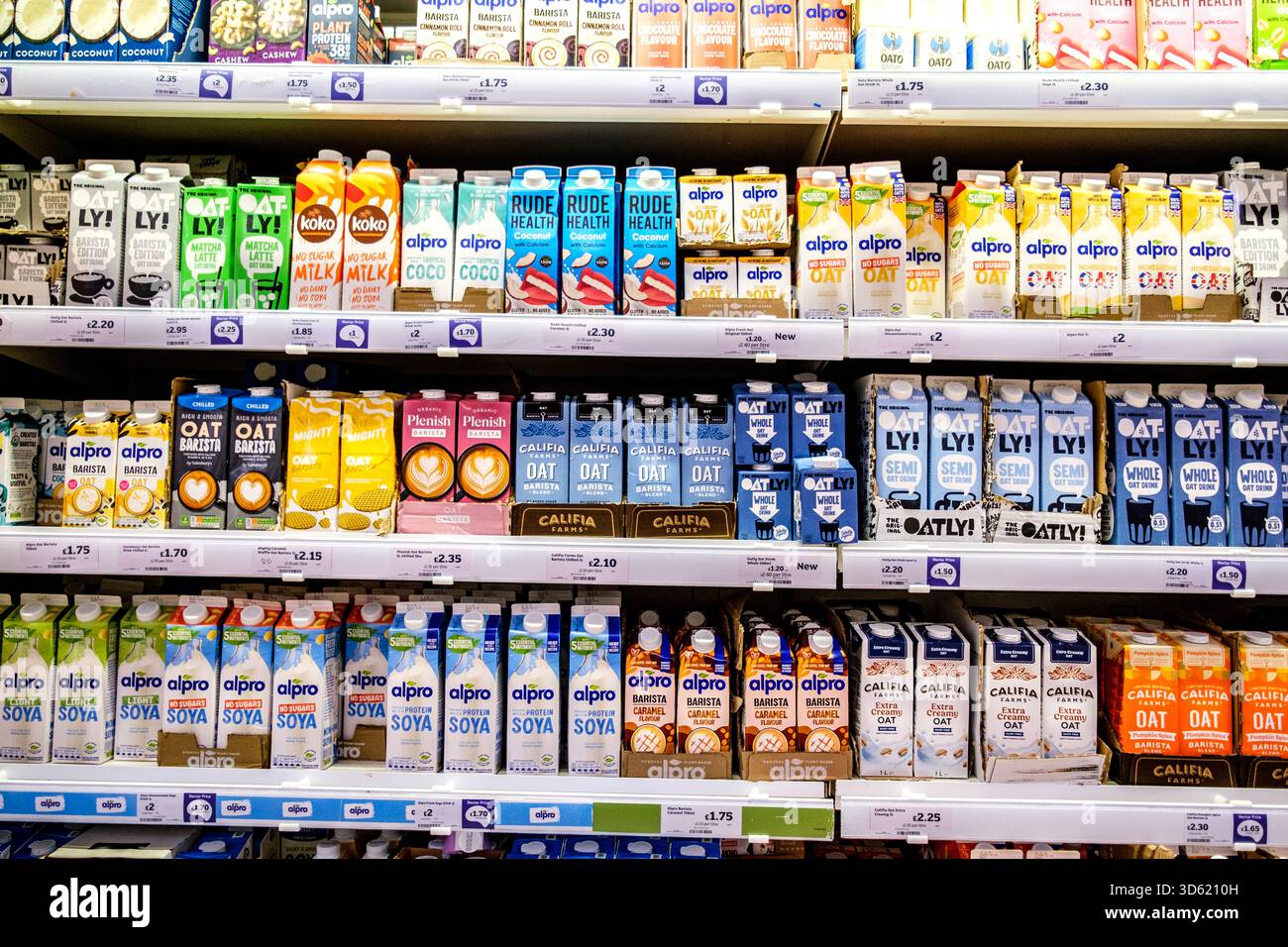 Londra Regno Unito, 16 novembre 2025, Selezione di supermercati alternative di latte sano come OAT e bevande di soia Foto Stock