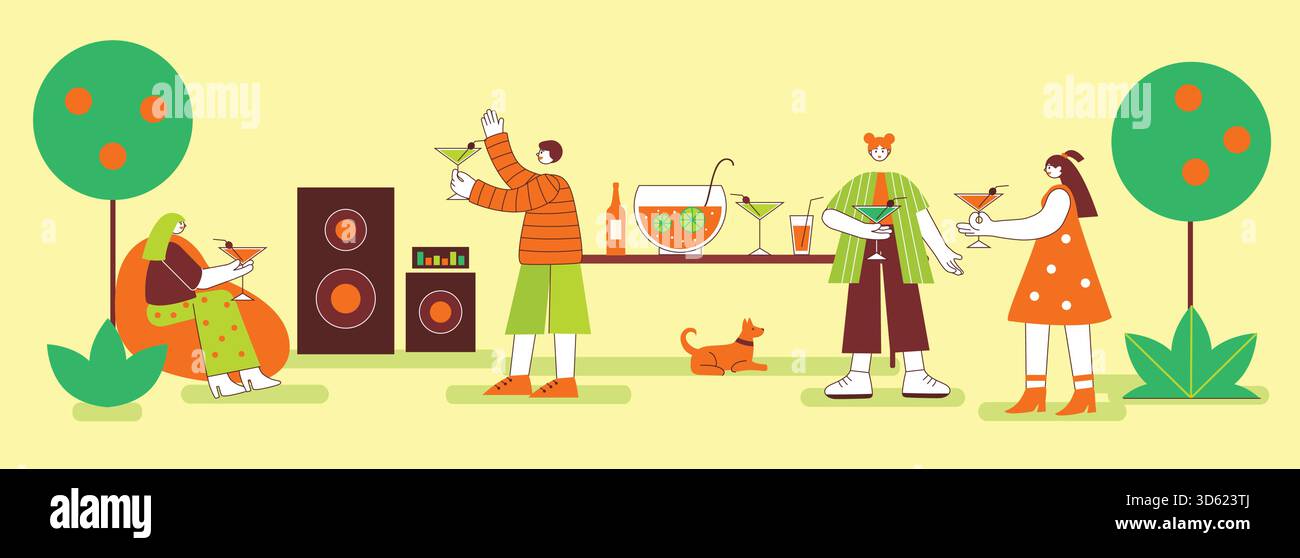 Gli amici si riuniscono al parco per una festa vivace con bevande colorate, musica e allegre interazioni in una vibrante atmosfera estiva. Illustrazione Vettoriale