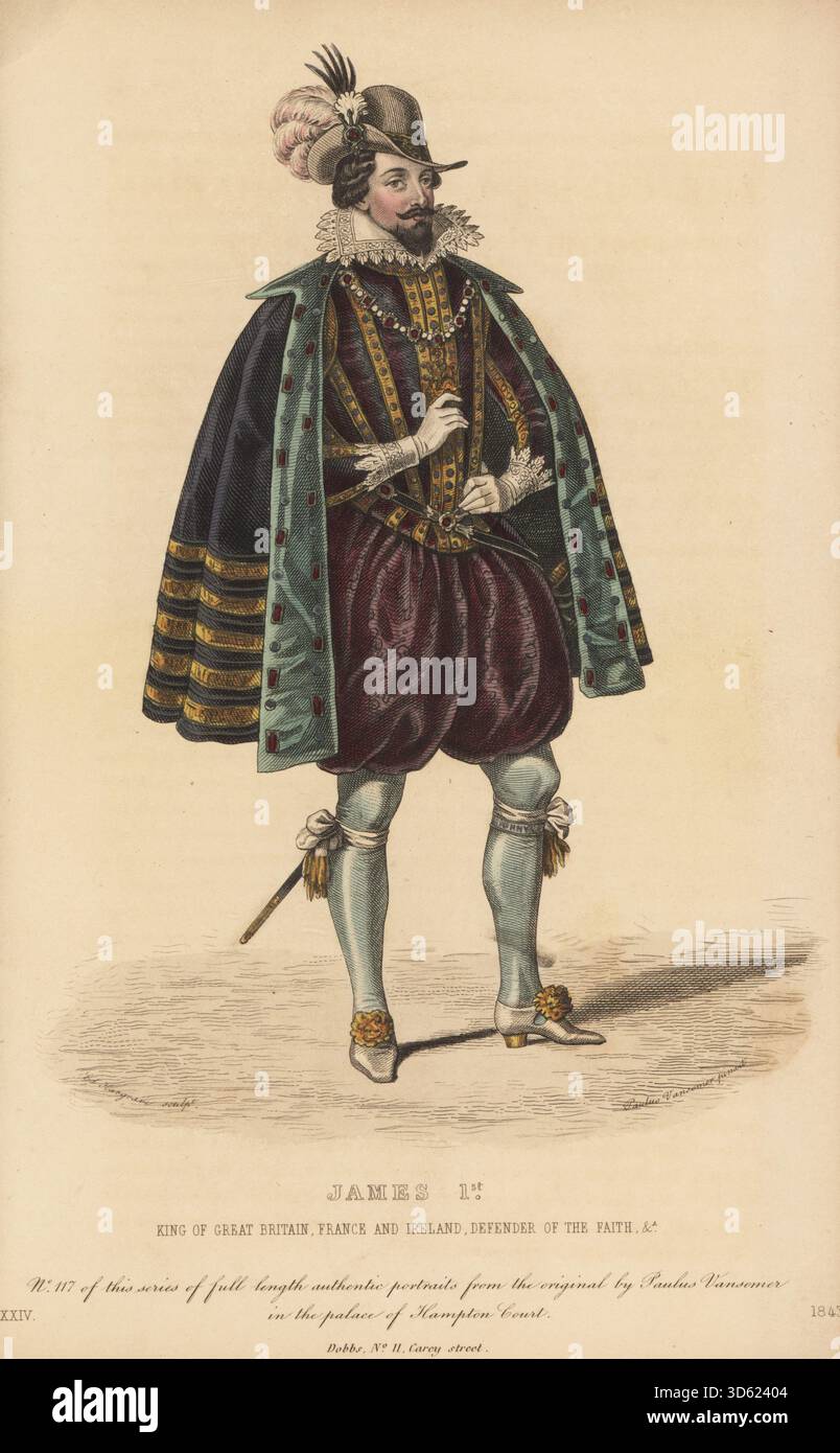 Giacomo i, re di Gran Bretagna, Francia e Irlanda, Giacomo vi di Scozia, Giacomo Carlo Stuart, 1566-1625. In cappello con peluche, barba di pizzetto, colletto in pizzo, cappellino in velluto verde foderato con gioielli, doppietto ricamato, colletto e giarrettiera dell'ordine della Giarrettiera, pantaloni in velluto, tubo di seta, scarpe con fibbia, spada da corte, guanti. Dopo un ritratto di Paul van Somer. Incisione in rame colorato a mano di Edward Hargrave, n. 117 della serie di ritratti antichi pubblicati su The Court Magazine e Monthly Critic, Lady’s Magazine & Museum, Belle Lettres, musica, Belle Arti, dramma, Fashion, Dobbs and Co., Lond Foto Stock