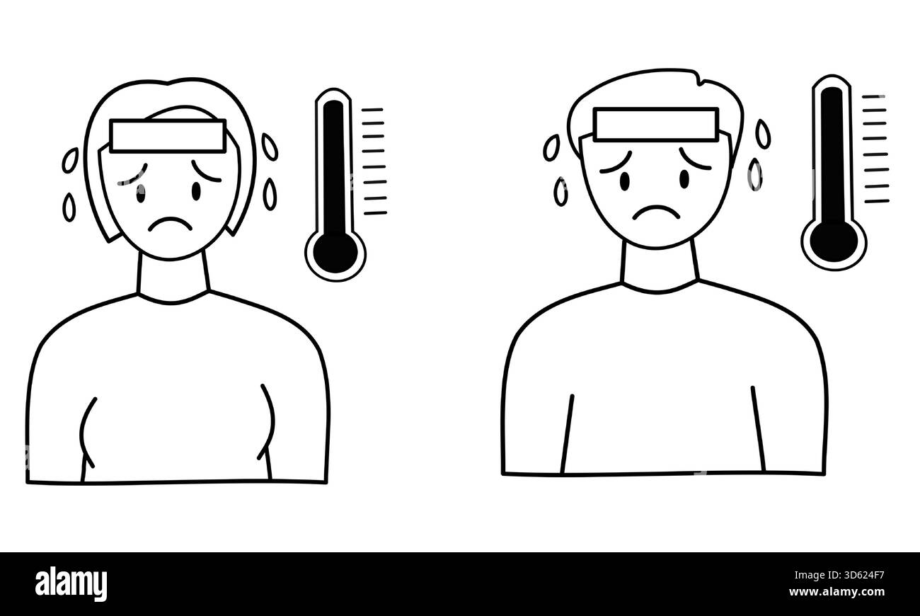 uomo e donna che soffrono di febbre icona con la linea dei sintomi con un panno bagnato sulla fronte Illustrazione Vettoriale