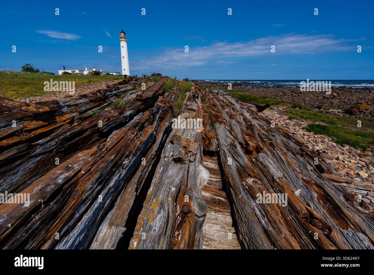 Il faro di Barns Ness con il legname di relitti meteorologici sulla riva Foto Stock