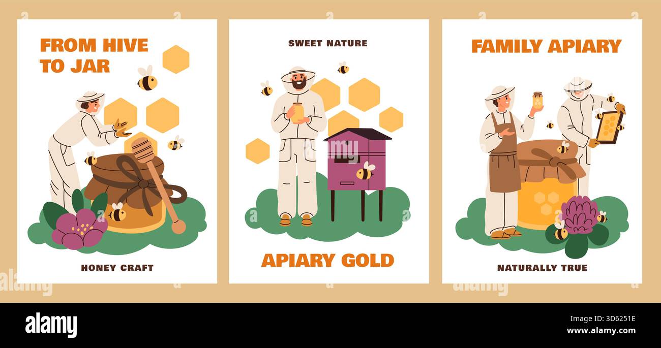 Banner apiari. Apicoltori professionisti che lavorano in uniforme presso l'apiario, raccolgono favi da miele, si prendono cura delle api, manifesto del miele di prodotti biologici, cartoni animati flat Illustrazione Vettoriale