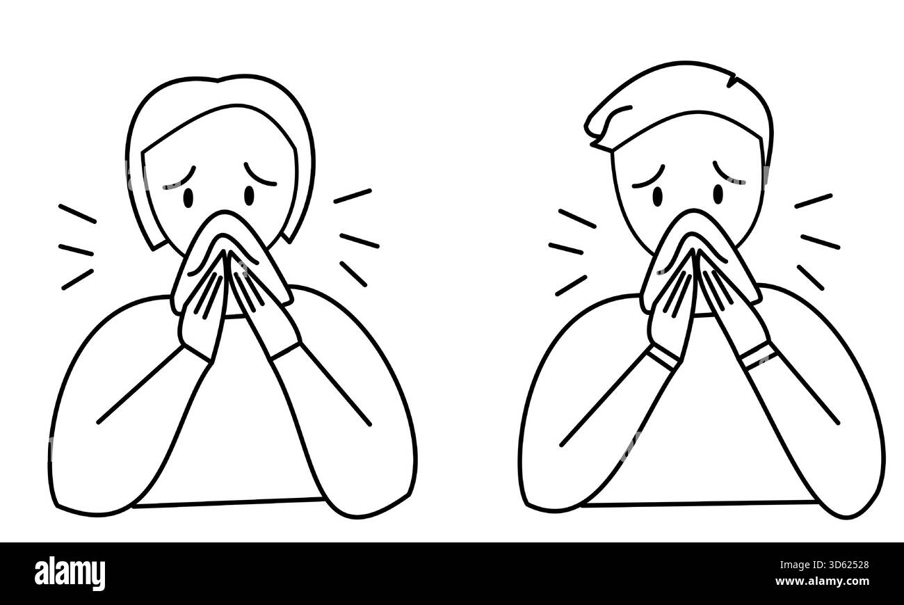 uomo e donna con sintomi di starnuti freddi con l'icona della linea del kerchief tosse Illustrazione Vettoriale