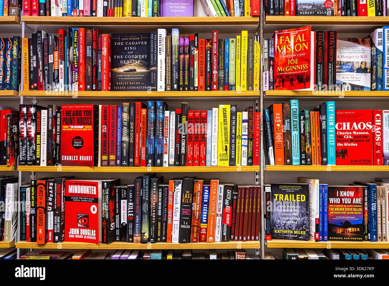 Libri di True Crime su una libreria in una libreria, libri di saggistica sui veri crimini sugli scaffali di una libreria Foto Stock