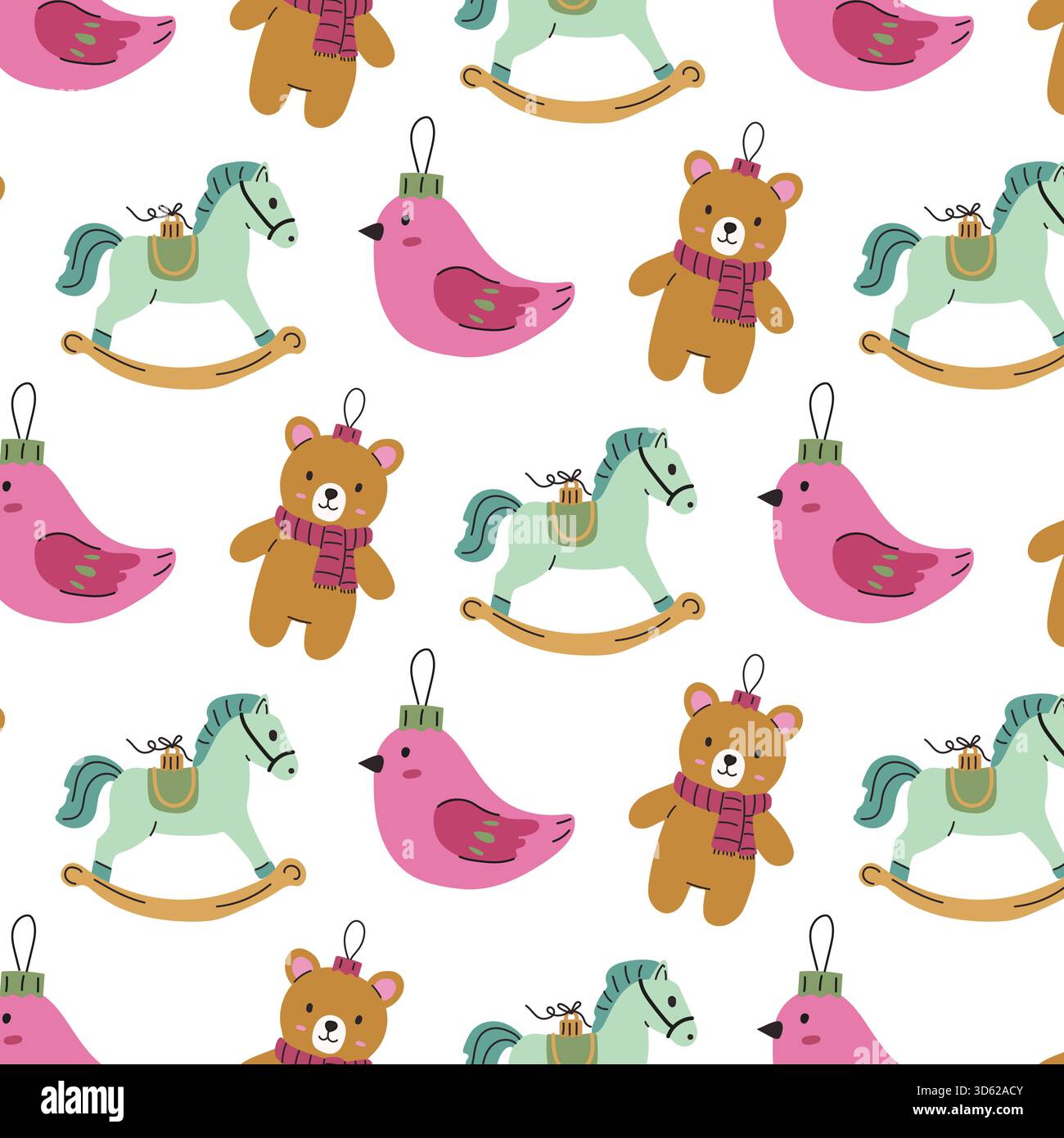 Questo vivace design mostra una giocosa disposizione di cavalli a dondolo, uccelli rosa e orsi di peluche con sciarpe, ideale per la stanza dei bambini o per l'arredamento della nursery Illustrazione Vettoriale