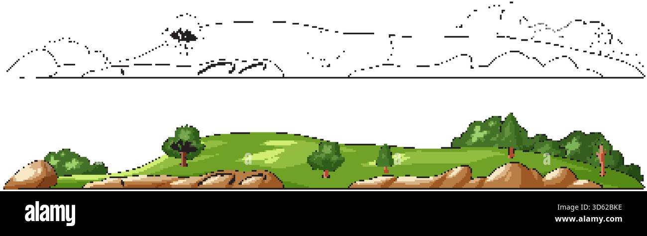 Colorato paesaggio vettoriale di colline erbose, alberi e rocce in stile sagomato e reso. Illustrazione Vettoriale
