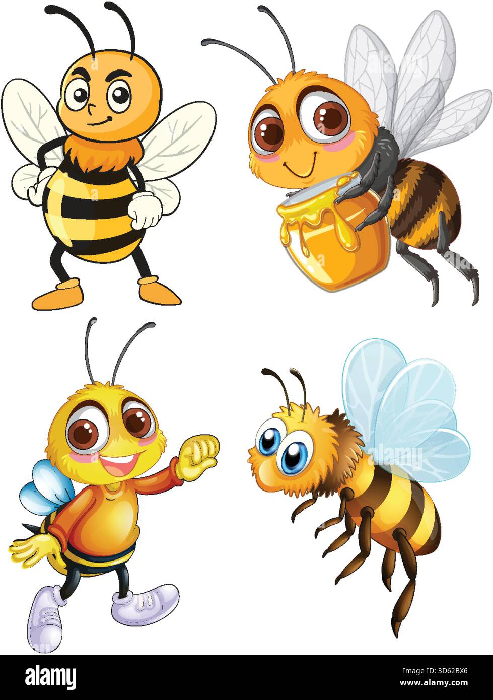 Vettoriale colorato di quattro giocose api cartoni animati con volti espressivi, una delle quali regge una pentola di miele. Illustrazione Vettoriale