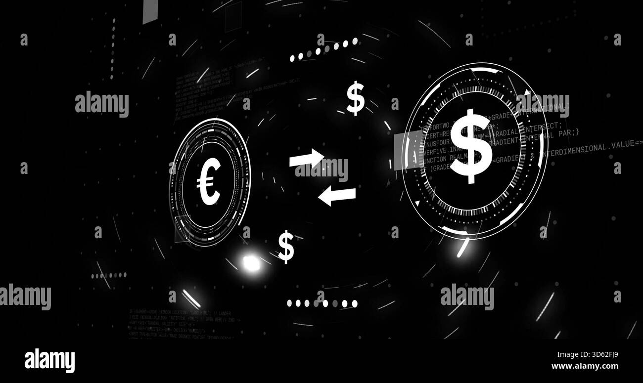 Mostra HUD con moneta centrale raffiguranti il cambio euro e dollaro in un'interfaccia utente scura con frecce bidirezionali Foto Stock