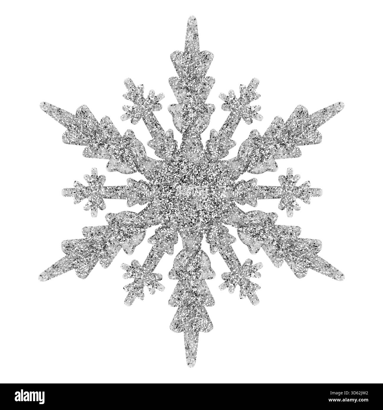 fiocco di neve d'argento su sfondo bianco isolato. Foto Stock
