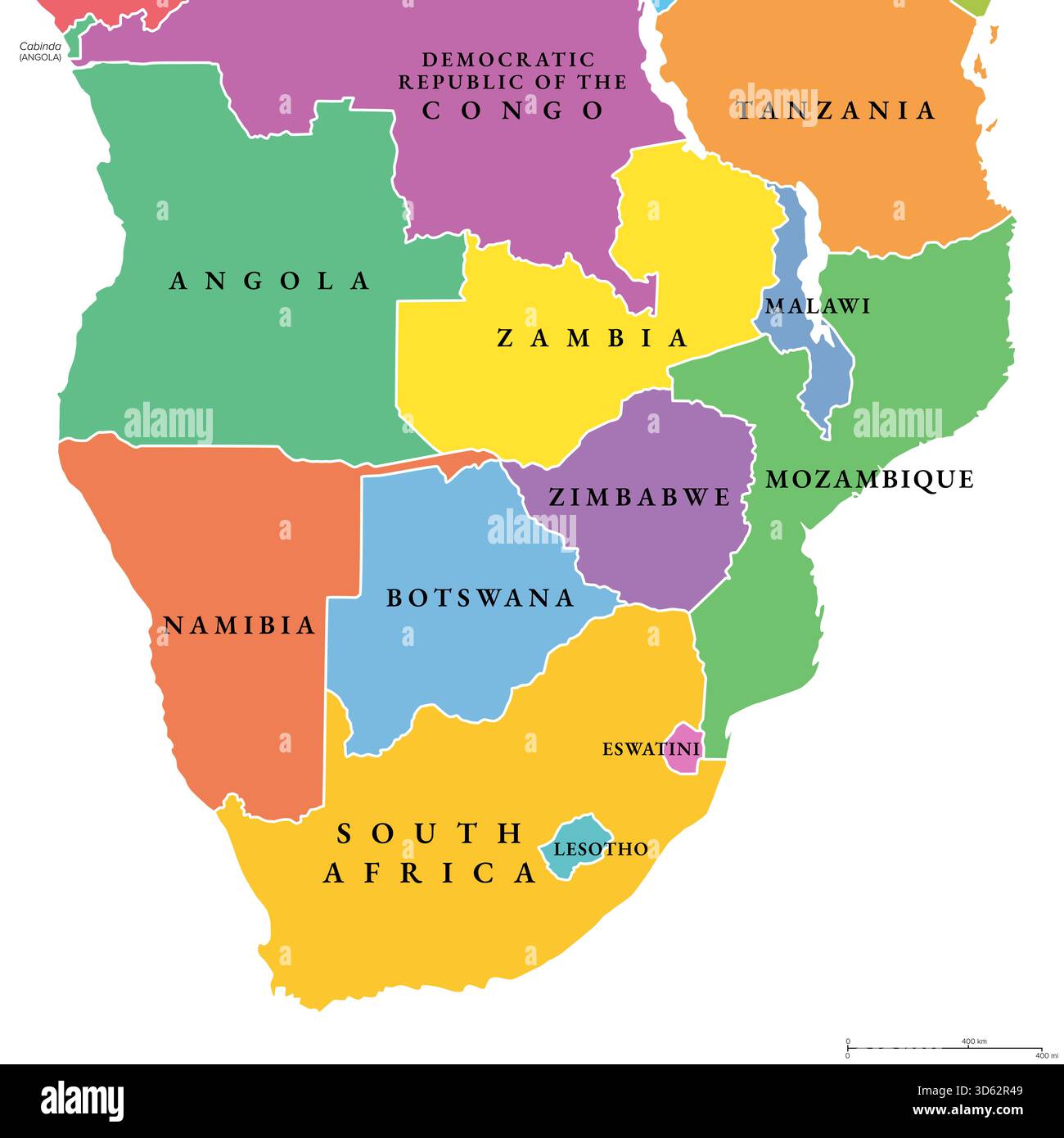 Africa meridionale, mappa politica multicolore. La regione più meridionale del continente africano. Mappa con i confini internazionali e i nomi dei paesi. Foto Stock