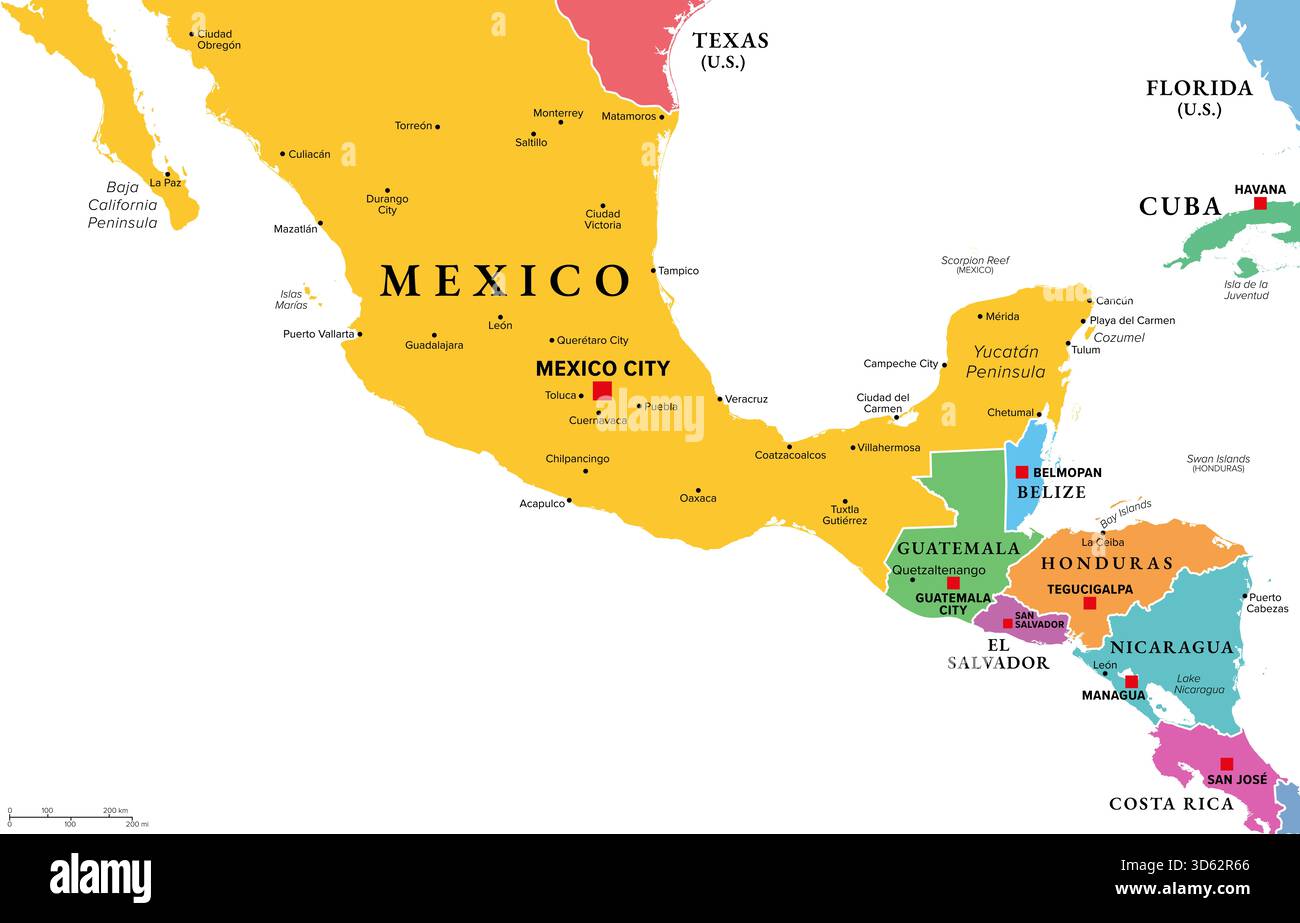 Mesoamerica, mappa politica multicolore. Regione storica e zona culturale del Nord America meridionale e dell'America centrale. Foto Stock