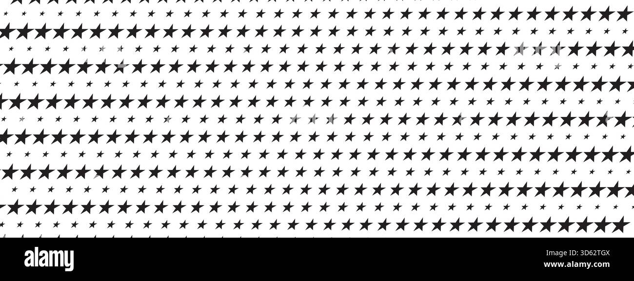 Ripetizione di forme a stella nera. Scintilla su sfondo bianco. Semplice trama geometrica a mosaico. Moderna stampa stellata. Carta da parati minimalista. Vettore Illustrazione Vettoriale