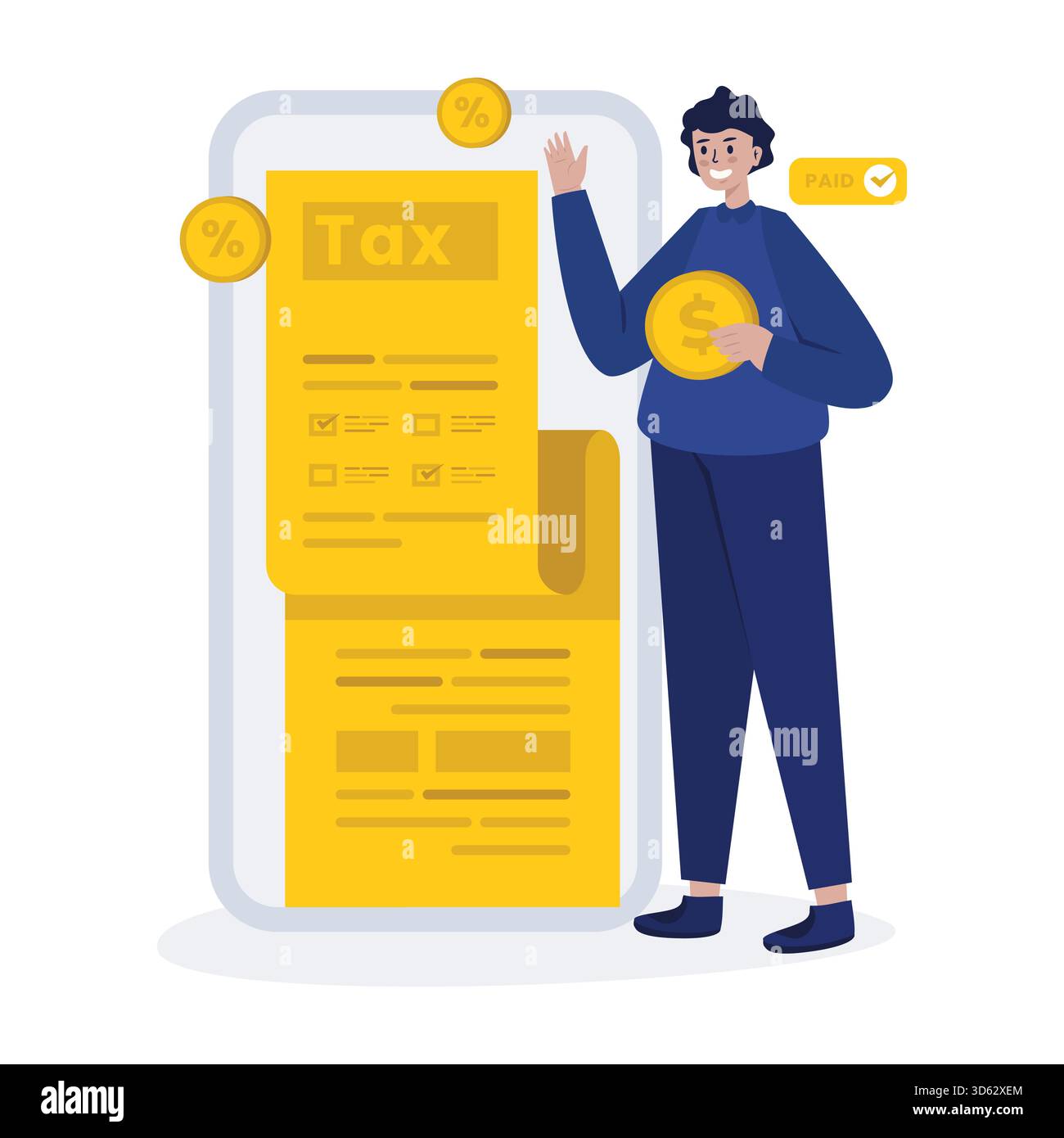 Illustrazione vettoriale di un uomo con una fattura fiscale pagata Illustrazione Vettoriale