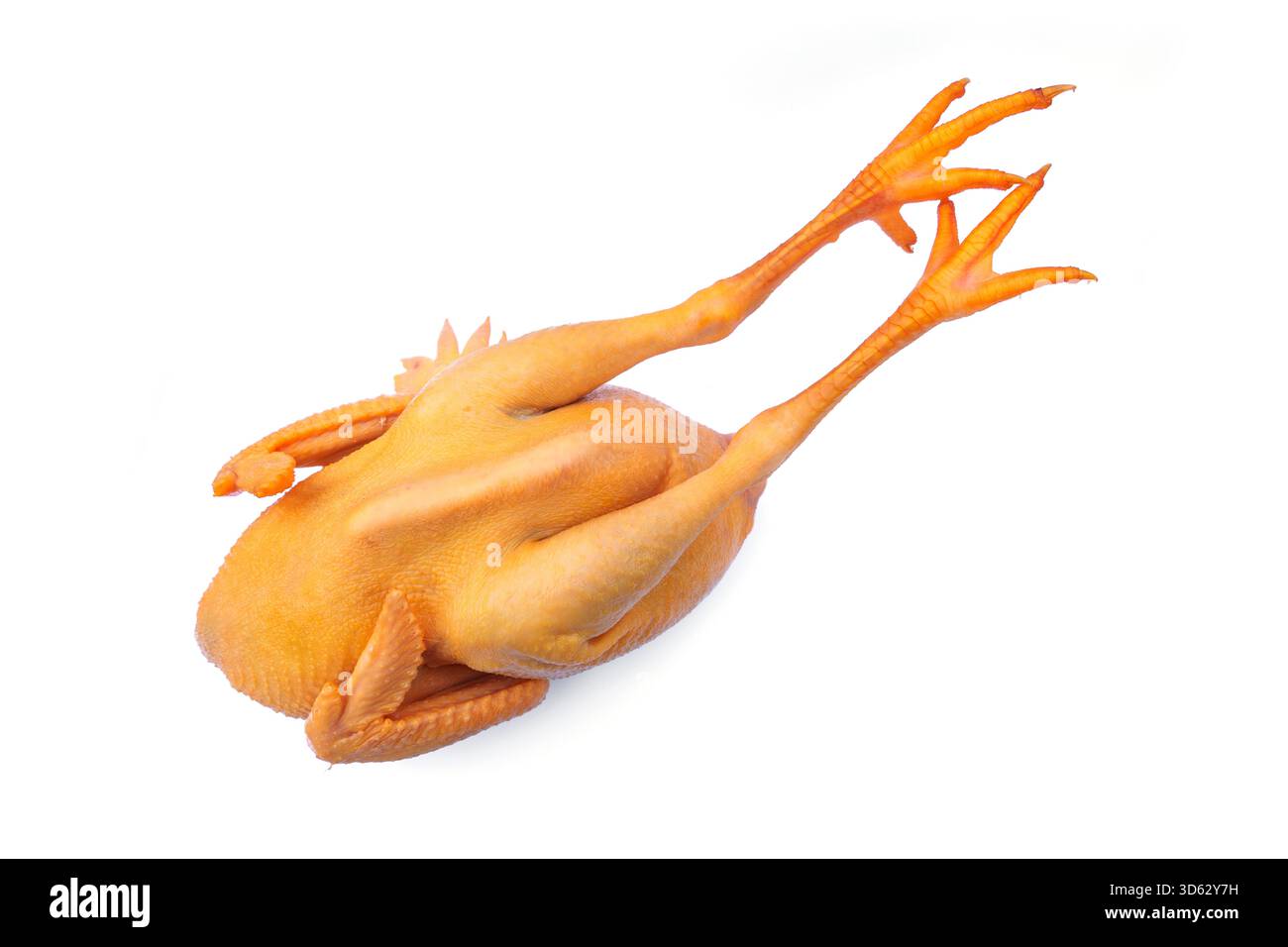 Carne gialla delle galline ovaiole in pensione. Pollo intero tailandese fresco crudo proveniente dal mercato fresco della Thailandia isolato su sfondo bianco. Foto Stock