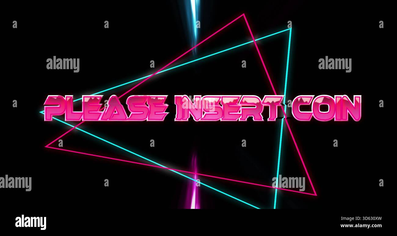 Lettura di testo 3D brillante INSERIRE LA MONETA su sfondo nero, mostrando triangoli al neon Foto Stock
