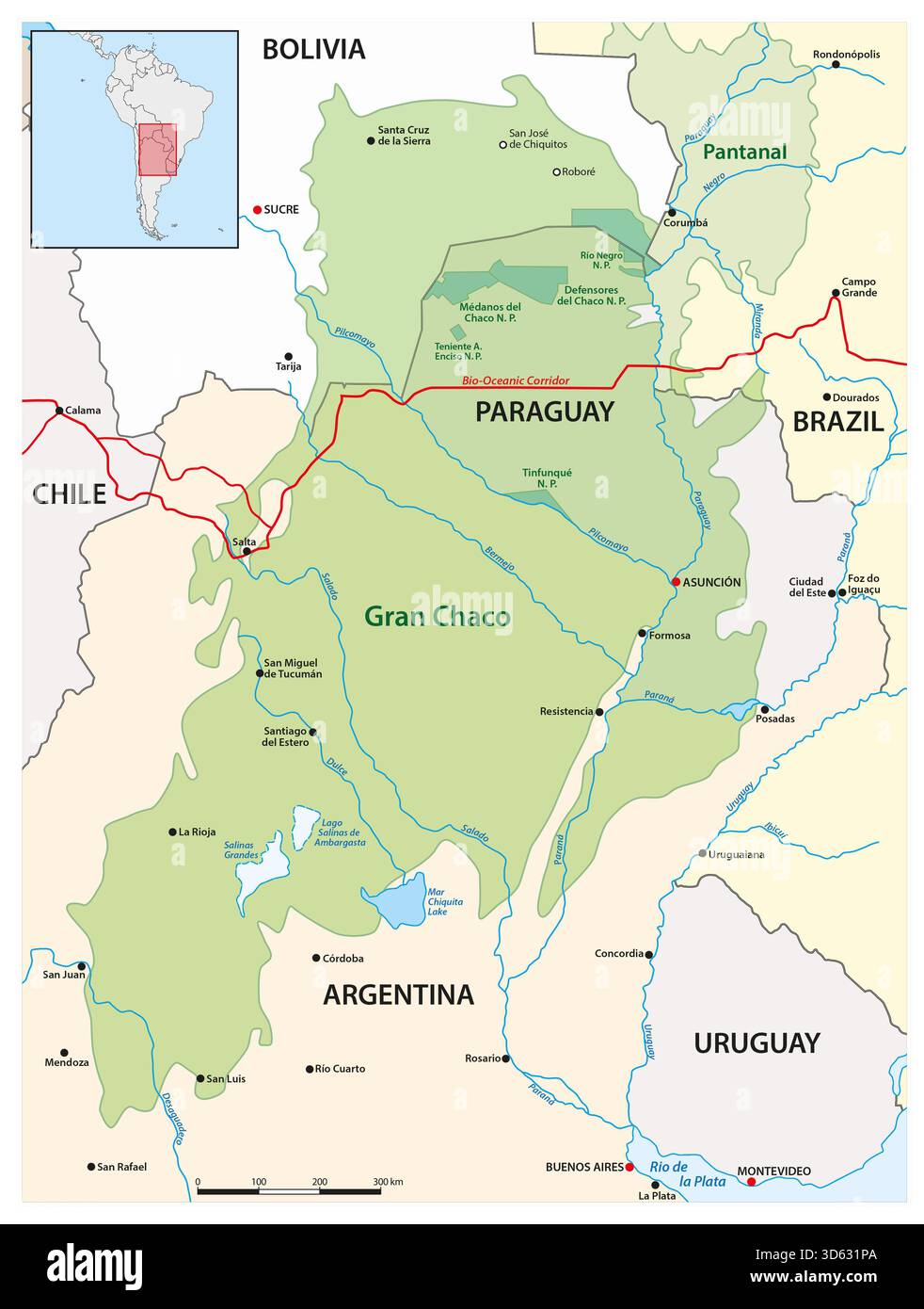 Mappa della regione semi-arida di pianura Gran Chaco in Sud America Foto Stock
