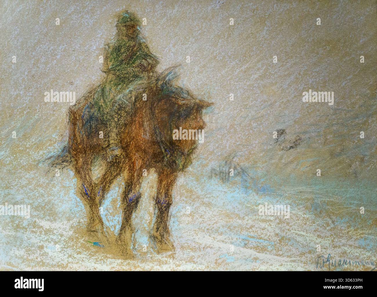 Avamposto a cavallo con effetto neve di Vittorio Guaccimanni (1859 - 1938) - pastello su carta Foto Stock